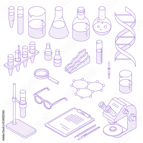 Thin line isometric laboratory icon set. Collection of science thin line icons. Pack of symbols for design website, mobile app, printed material, etc.