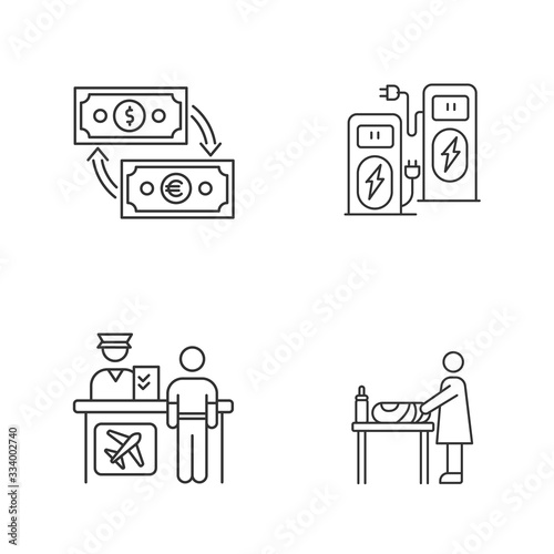 Airport terminal pixel perfect linear icons set. Money exchange. Power recharge. Self service kiosk. Customizable thin line contour symbols. Isolated vector outline illustrations. Editable stroke