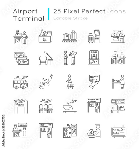 Airport terminal pixel perfect linear icons set. Boarding pass. Flight information. Smoking area. Customizable thin line contour symbols. Isolated vector outline illustrations. Editable stroke