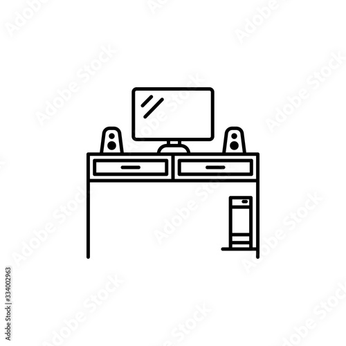 computer, table, furniture line illustration icon on white background.