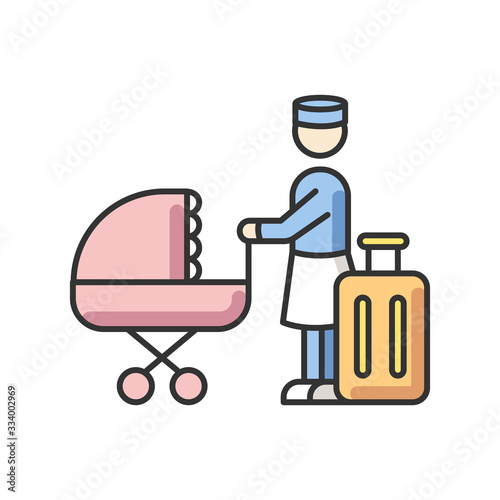 Hotel sitter RGB color icon. Professional babysitting service. Help with infant kids while on vacation. Professional sitter. Day care during traveling. Isolated vector illustration