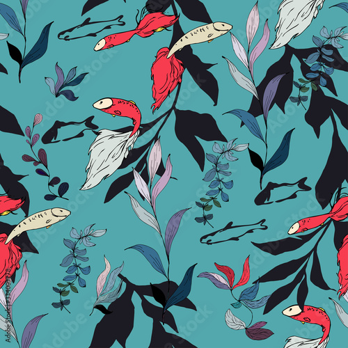 Fish in a thicket of algae on a light blue, aquamarine, turquoise background. Seamless vector pattern. Underwater life. Goldfish in the aquarium.