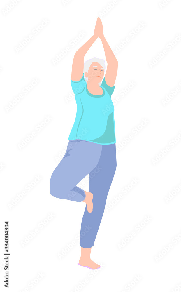Senior woman doing yoga exercises. Full length of mature character in tree pose isolated on white background. Balance Active lifestyle. Modern flat elderly person ashtanga asana. Three quarter view