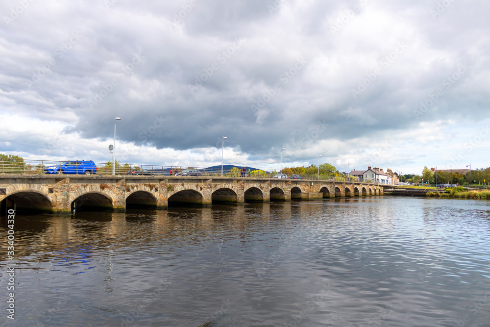 Bridge over the river.  Avoca estuary and the Nineteen Arches bridge. Arklow. Ireland