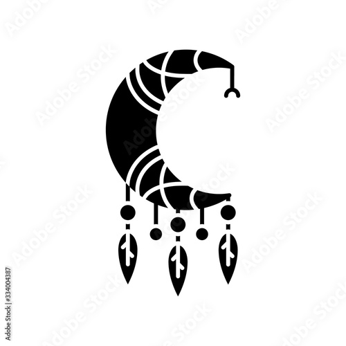 Crescent and feathers amulet in boho style black glyph icon. Native American Indian mystic symbol. Dreamcatcher with moon talisman. Silhouette symbol on white space. Vector isolated illustration