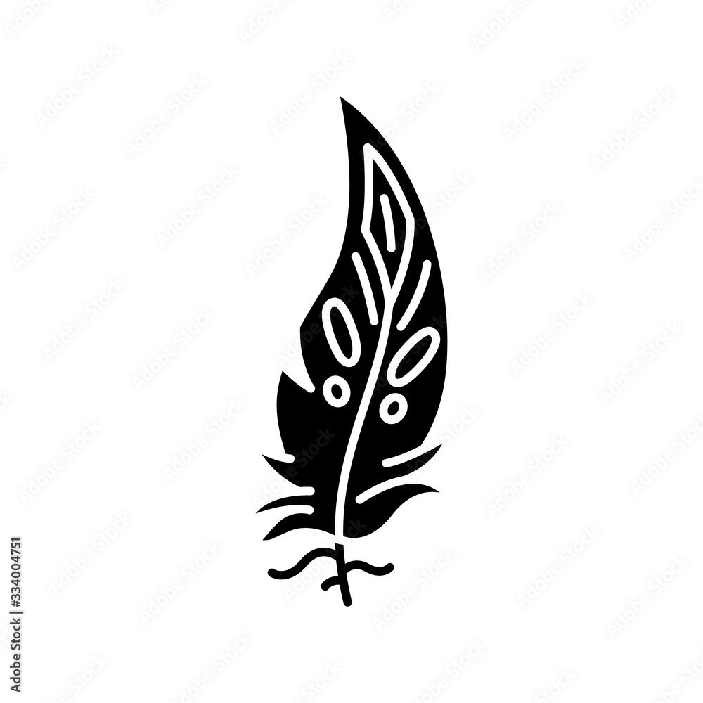 Boho feather black glyph icon. Native American Indian tribal motif, mystic symbol. Bohemian chic fashion and hippie ethnic accessory. Silhouette symbol on white space. Vector isolated illustration Boho feather black glyph icon. Native American Indian tribal motif, mystic symbol. Bohemian chic fashion and hippie ethnic accessory. Silhouette symbol on white space. Vector isolated illustration