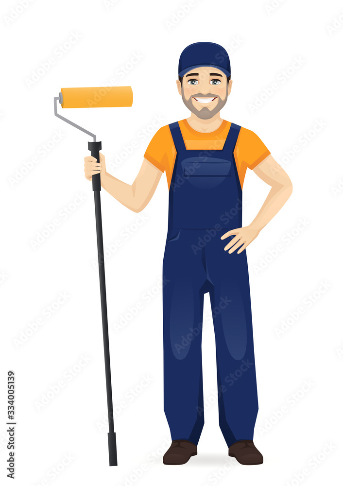 Man in blue overalls painter with roller isolated vector illustration Man in blue overalls painter with roller isolated vector illustration