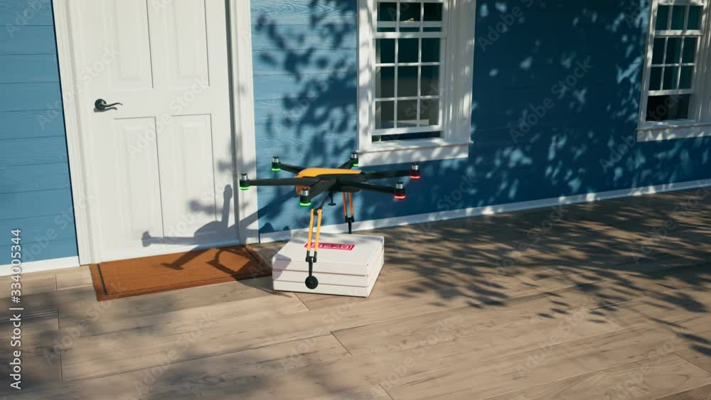 Hexacopter drone delivering ordered pizza directly to the door. Render 4k