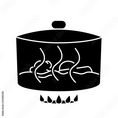 Stewing black glyph icon. Delicious gravy, goulash preparation process. Cooking method, culinary technique silhouette symbol on white space. Pan with meat and vegetables vector isolated illustration
