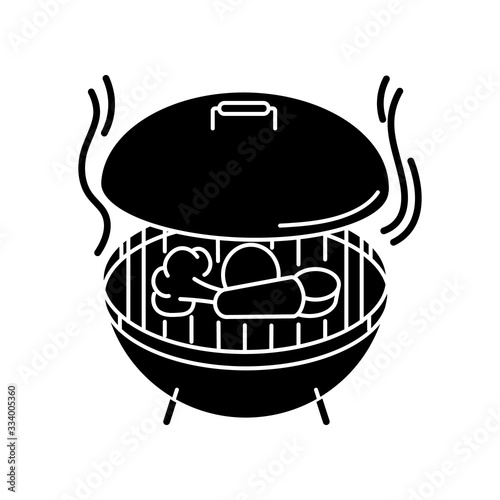 Grilling black glyph icon. Barbecue preparation process, cooking food on heated grid. Culinary method, picnic silhouette symbol on white space. Roasted vegetables and meat vector isolated illustration