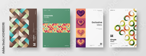 Business presentation vector A4 vertical orientation front page mock up set. Corporate report cover abstract geometric illustration design layout bundle. Company identity brochure template collection.