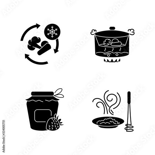 Culinary methods black glyph icons set on white space. Products preparation and conservation techniques silhouette symbols. Food freezing, canning, steaming and puree vector isolated illustrations