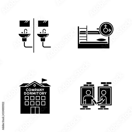 Company dormitory black glyph icons set on white space. Communal bathroom. Mixed bedroom. Neighborhood. Shared room. Corporate living accommodation. Silhouette symbols. Vector isolated illustration