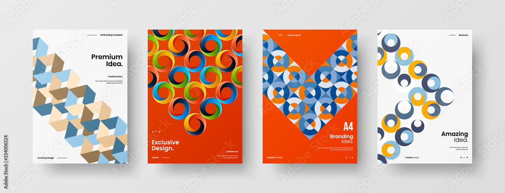 Business presentation vector A4 vertical orientation front page mock up set. Corporate report cover abstract geometric illustration design layout bundle. Company identity brochure template collection.