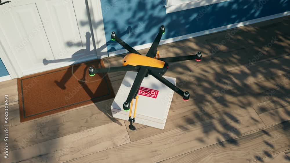 Hexacopter drone delivering ordered pizza directly to the door. Render 4k Hexacopter drone delivering ordered pizza directly to the door. Render 4k