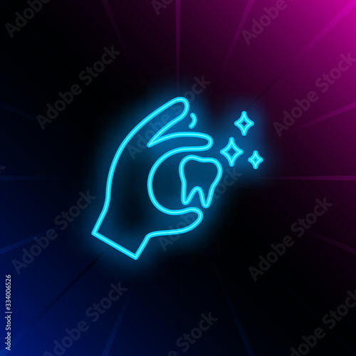 Tooth in hand neon sign. Luminous signboard with molar tooth. Night bright advertisement. Vector illustration in neon style for dentistry, clinic, healthcare