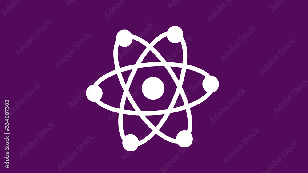 Amazing white atom icon,atom icon,atom icon on purple background Amazing white atom icon,atom icon,atom icon on purple background