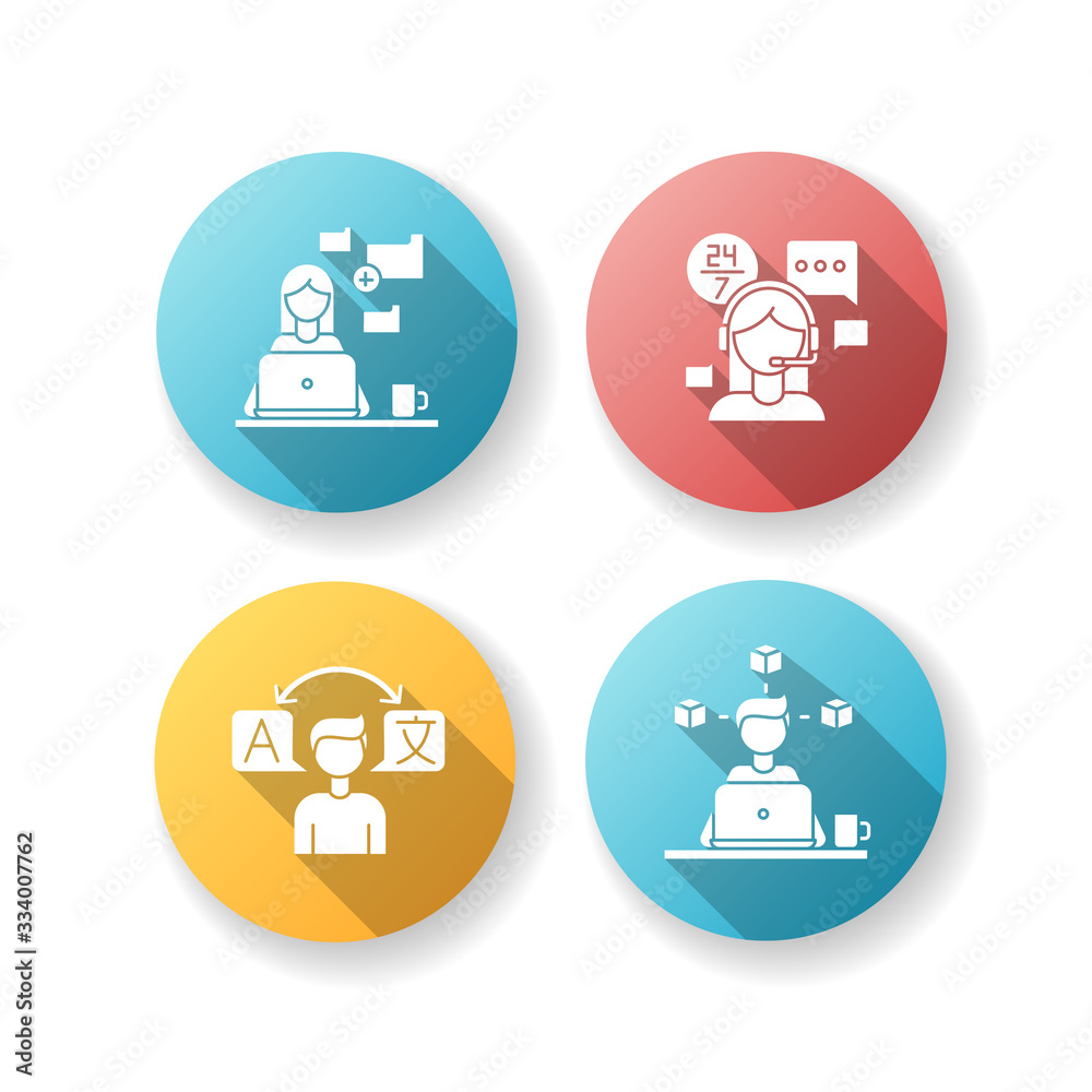 Freelance professions, data entry jobs flat design long shadow glyph icons set. Interpretation, 3D modelling and customer service. Converting image to text. Silhouette RGB color illustration Freelance professions, data entry jobs flat design long shadow glyph icons set. Interpretation, 3D modelling and customer service. Converting image to text. Silhouette RGB color illustration