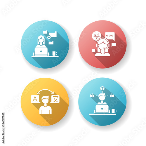 Freelance professions, data entry jobs flat design long shadow glyph icons set. Interpretation, 3D modelling and customer service. Converting image to text. Silhouette RGB color illustration