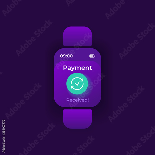 Payment received smartwatch interface vector template. Mobile app notification night mode design. Money transaction message screen. Flat UI for application. Transfer information on smart watch display