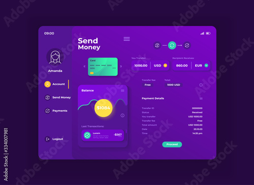 Online bank application tablet interface vector template. Mobile app page night mode design layout. User account screen. Flat UI for application. Balance, transactions info on portable device display