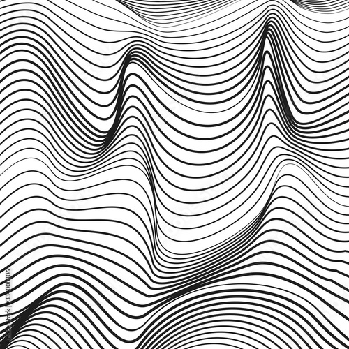 Techno waves. Black and white striped pattern. Line art design. Optical illusion. Vector squiggle thin curves. Deformed surface. Abstract monochrome background. Modern graphic. EPS10 illustration