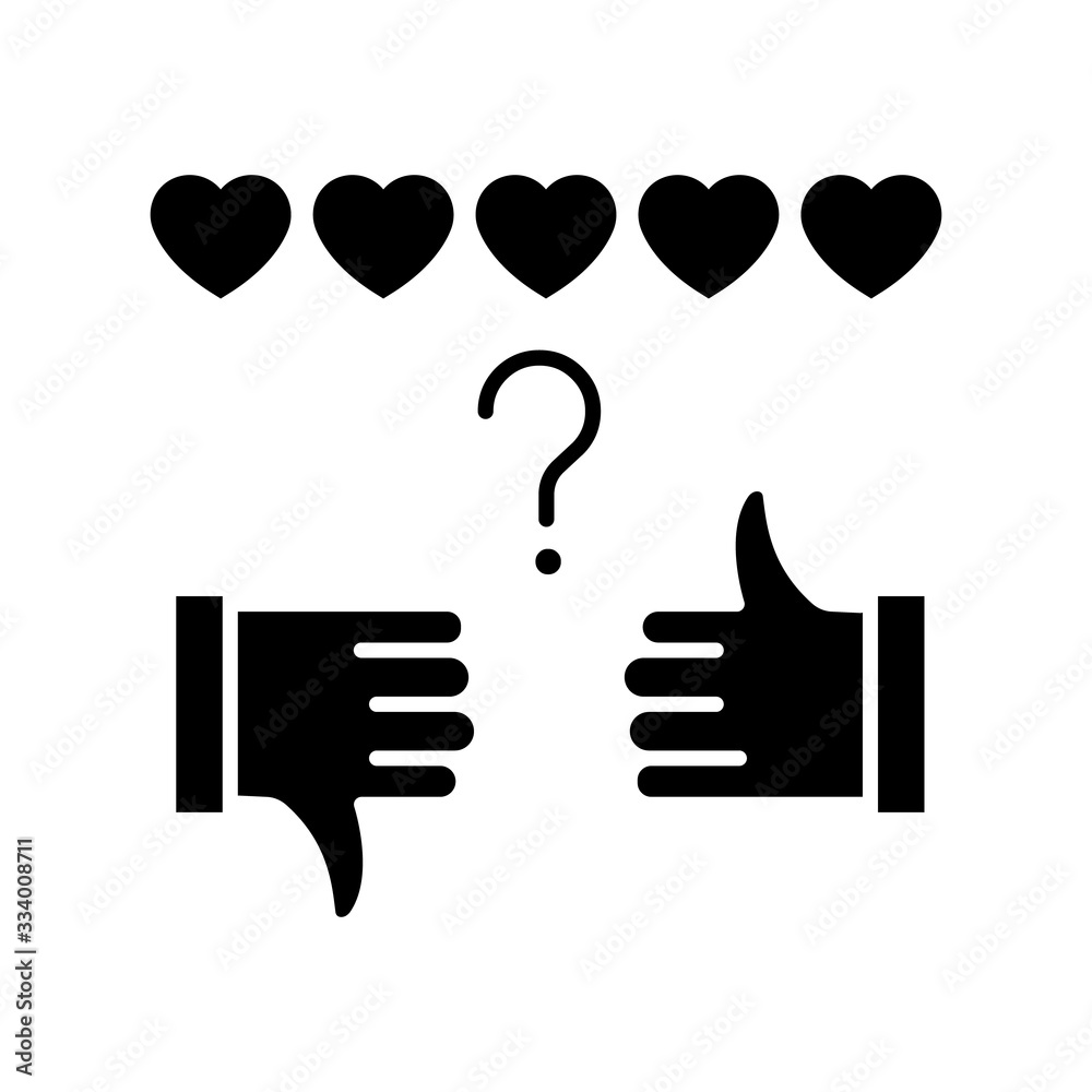 Obraz premium Review rate black glyph icon. Thumbs up and down. Hand sign of like and dislike. Satisfaction level. Feedback for social media stories. Silhouette symbol on white space. Vector isolated illustration