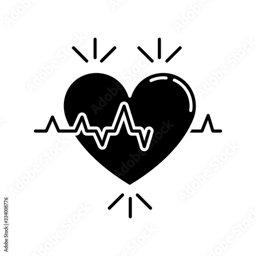 Heart black glyph icon. Pulse rate. Heartbeat rhythm. Cardiogram frequency analysis. Vital signs. Cardio health care. Medical tests. Silhouette symbol on white space. Vector isolated illustration