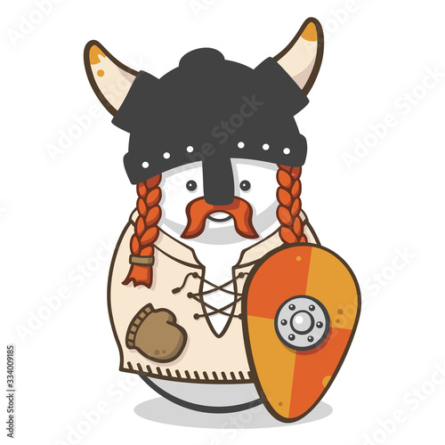 Cute vector drawing of a snowman disguised as a viking with a horned iron helmet  red hair  a mustache  a glove  a shirt and a Norse shield. Flat colors and isolated on white.