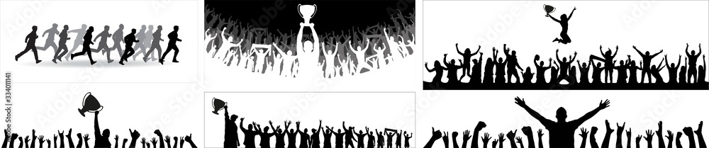 Champion cup european world and crowd many people entertain event playing and happy dancing from party in arena Vector illustration Champion cup european world and crowd many people entertain event playing and happy dancing from party in arena Vector illustration
