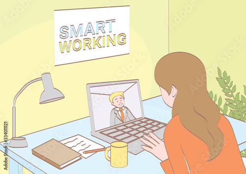 Illustration of business woman talking to her colleague. Video conference. Meeting in video call. Social distances.