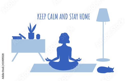 Ceep calm and stay home concept. Young woman sitting in lotos pose, home yoga. Protection campaign or measure from coronavirus, COVID--19. Vector illustration in flat style for graphic and web design.
