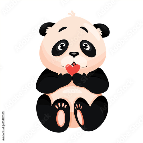 Fototapeta Naklejka Na Ścianę i Meble -  Vector bear panda holding heart isolated on white background. Cute baby panda with heart. Flat stock vector illustration.