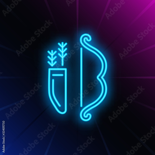 Quiver and bow neon sign. Glowing neon bow and arrows on brick wall background. Vector illustration can be used for hunting, tales, entertainment