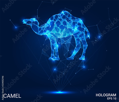 A hologram of a camel. A camel made of polygons, triangles of points and lines. Camel low-poly compound structure. The technology concept.