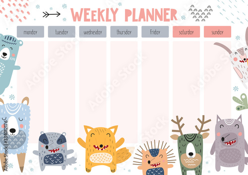 Weekly planner with scandinavian forest animals in doodle cartoon style. Kids schedule design template. Vector illustration.