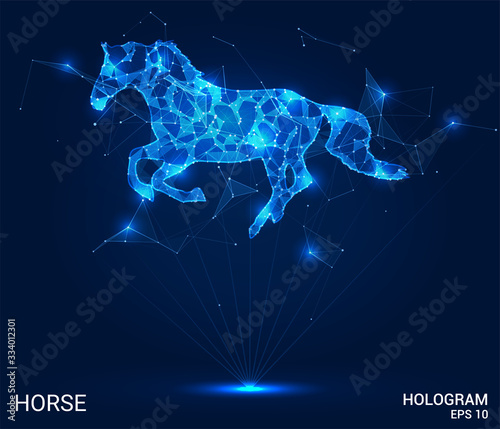 A hologram of a horse. A horse made up of polygons, triangles, points, and lines. Horse low-poly compound structure. The technology concept.