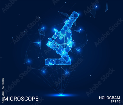 Hologram microscope. A microscope made up of polygons, triangles, points, and lines. The microscope is a low-poly compound structure. The technology concept.