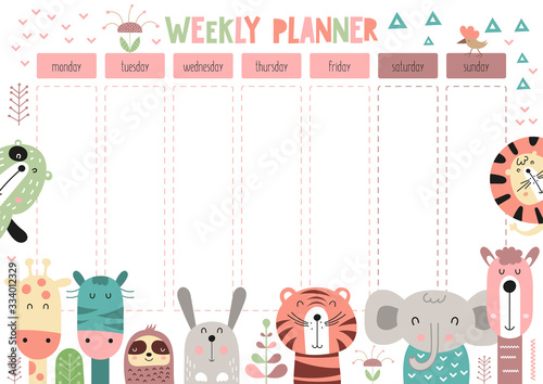 Weekly planner with cute funny forest animals in doodle cartoon style. Kids schedule design template. Vector illustration.