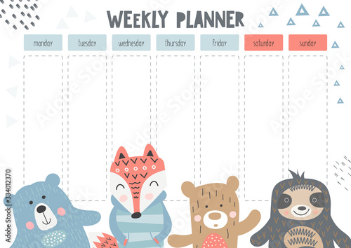 Weekly planner with funny forest animals - bears, fox and sloth in scandinavian cartoon style. Kids schedule design template. Vector illustration.