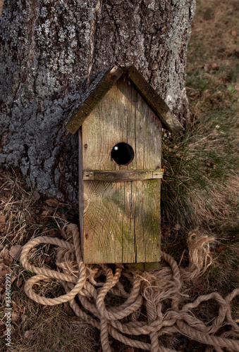 Wooden birdhouse is ready for installation on tree, spring is coming, meeting of migratory birds. Man and nature.