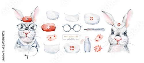 Rabbit Animal cute doctor watercolor hare kids illustration isolated on white background. Medical children design. Infection protection epidemic mask. medic clinic