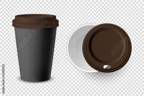 Vector 3d Realistic Black Disposable Closed and Opened Paper, Plastic Coffee Cup for Drinks with Brown Lid Set Closeup Isolated on Transparent Background. Design Template, Mockup. Top and Front View