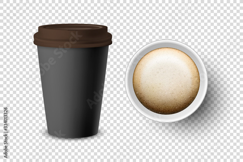 Vector 3d Realistic Black Disposable Closed and Opened Paper, Plastic Coffee Cup for Drinks with Brown Lid Set Closeup Isolated. Design Template, Mockup. Top and Front View