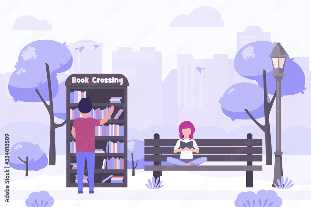Book exchange in city park flat vector illustration. Young woman reading book on park bench, man chooses book in a street library.