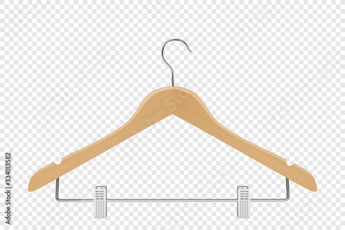 Vector 3d Realistic Clothes Coat Wooden Textured Hanger Icon Closeup Isolated on Transparent Background. Design Template, Clipart or Mockup for Graphics, Advertising etc. Front or Top View