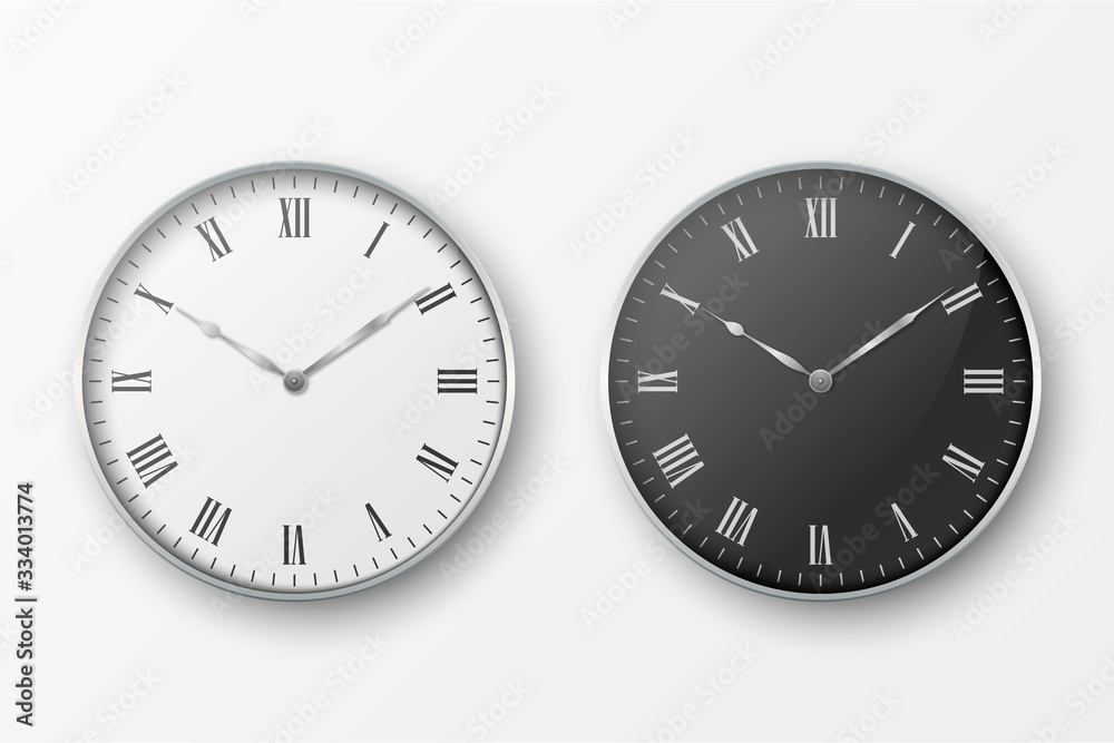 Vector 3d Realistic Simple Round Gray Silver Wall Office Clock. White and Black Dial Icon Set Closeup Isolated on White Background. Design Template, Mock-up for Branding, Advertise. Front or Top View Vector 3d Realistic Simple Round Gray Silver Wall Office Clock. White and Black Dial Icon Set Closeup Isolated on White Background. Design Template, Mock-up for Branding, Advertise. Front or Top View