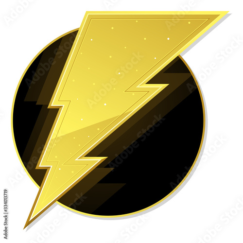 Vector drawing of a glowing yellow lightning bolt on a black circle isolated on white. Can represent speed, electricity, a power grid, a storm, danger, a shock, energy, dynamism, velocity and thunder.