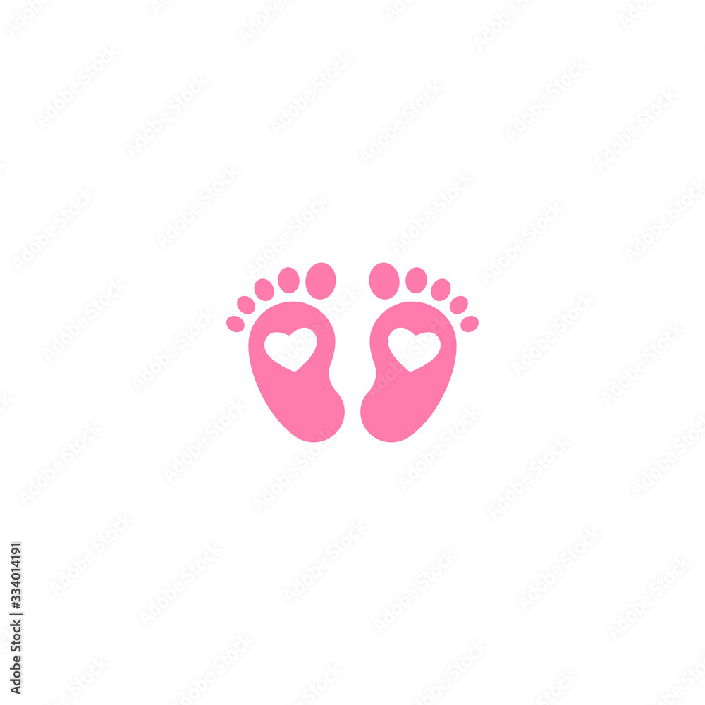 Pink kids or baby feet and foot steps with heart. New born, pregnant or coming soon child footprints.