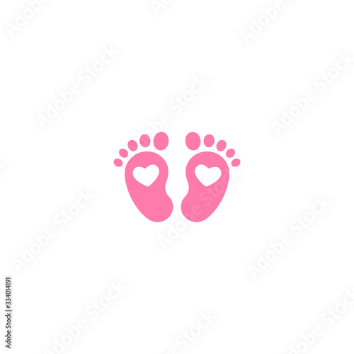 Pink kids or baby feet and foot steps with heart. New born, pregnant or coming soon child footprints.